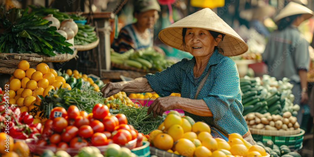 Elderly woman selling fresh fruits and vegetables at an outdoor market, showcasing local produce and traditional attire. Elderly woman selling fresh fruits and vegetables at an outdoor market, showcasing local produce and traditional attire.