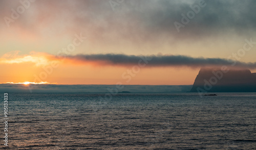 Dramatic colorful evening sky during the midnight sun in the Lofoten, Northern Norway