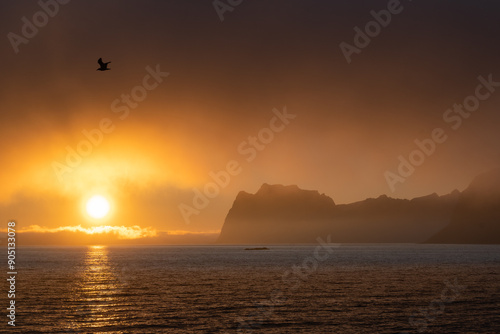 Dramatic colorful evening sky during the midnight sun in the Lofoten, Northern Norway