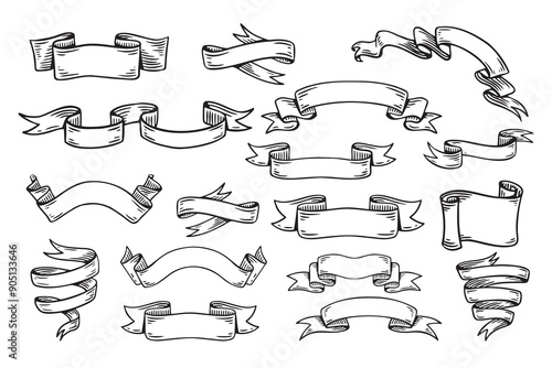 Hand drawn ribbons vintage set. Doodle style black color sketch. Isolated elements.