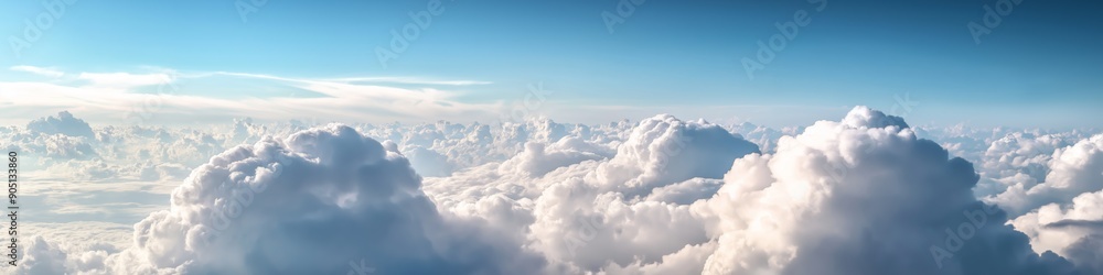 Fototapeta premium The sky is filled with clouds, creating a sense of vastness and openness. The clouds are scattered throughout the sky, with some appearing closer to the ground and others higher up