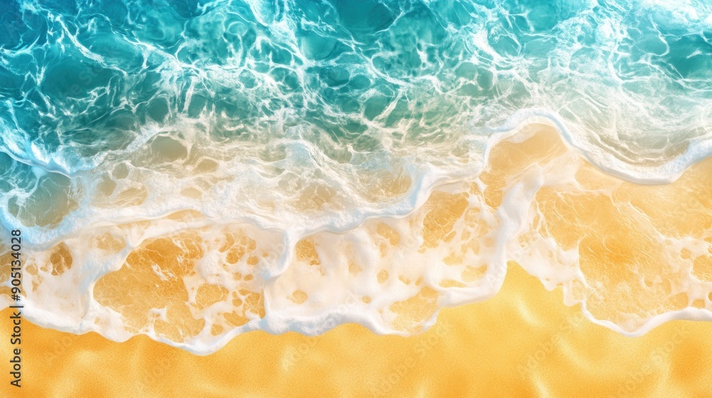 Naklejka premium Foamy Ocean Waves Crashing on Golden Sand