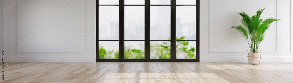 Fototapeta premium Bright and airy interior with large windows and green plants, perfect for modern living or office spaces.