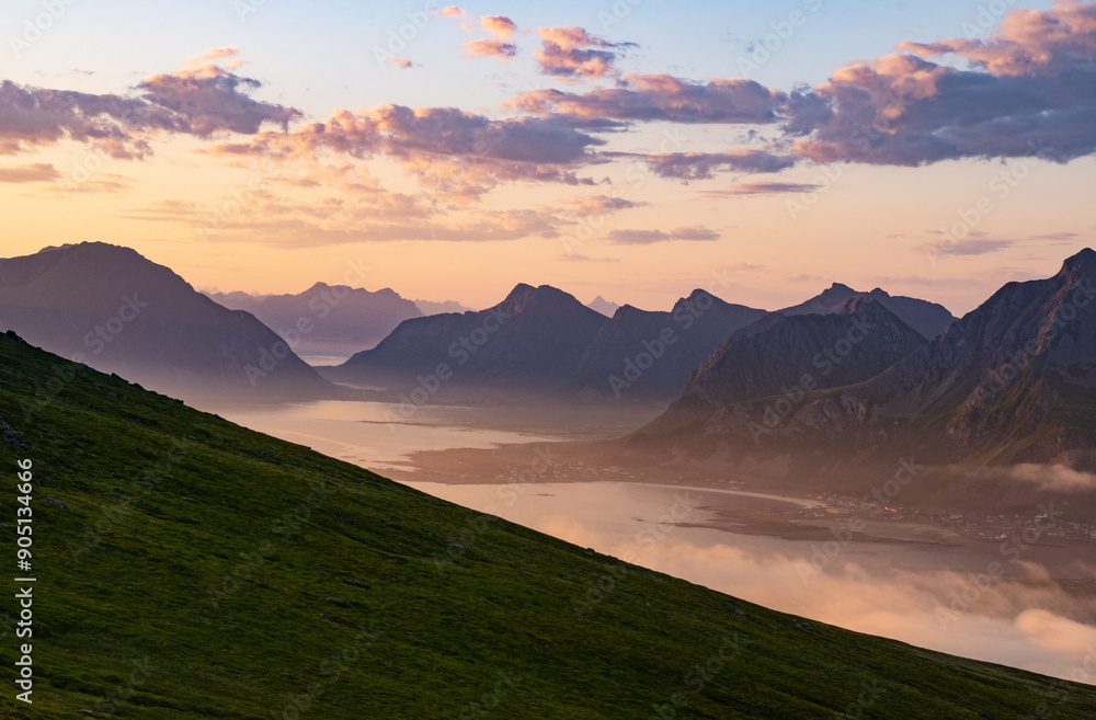 Fototapeta premium Wonderful nature with lakes and mountains during the midnight sun in Lofoten