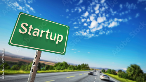 Startup indicated by green road sign on rural road
