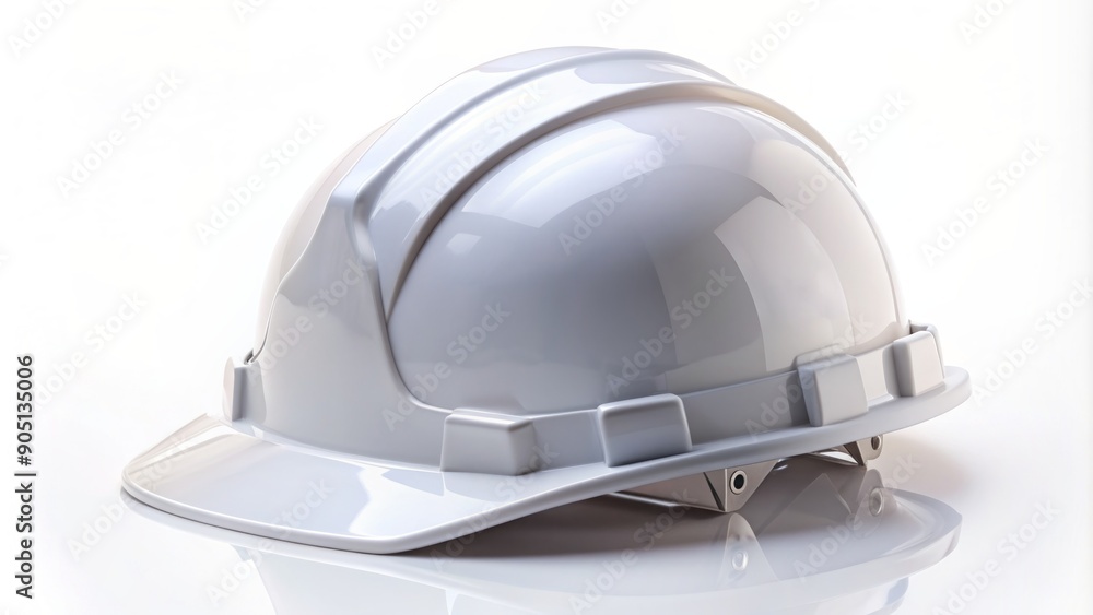 Fototapeta premium A pristine white safety helmet with a glossy finish and secure straps, resting solo on a pure white background, emphasizing protection and caution.
