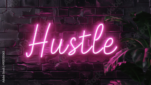 Pink neon sign with the word hustle glowing on a black brick wall with a plant