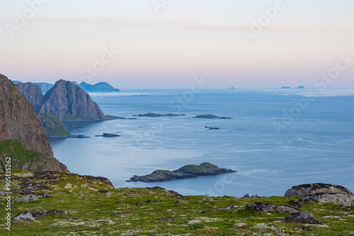 Atlantic ocean seen from the high cliffs of Lofoten Islands