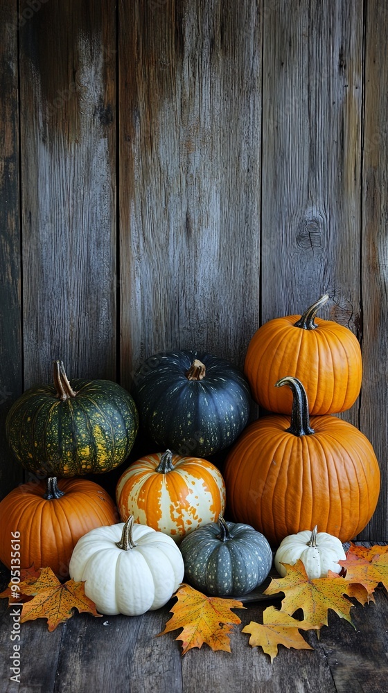 Assorted Autumn Pumpkins with Fall Leaves on Wood Assorted Autumn Pumpkins with Fall Leaves on Wood
