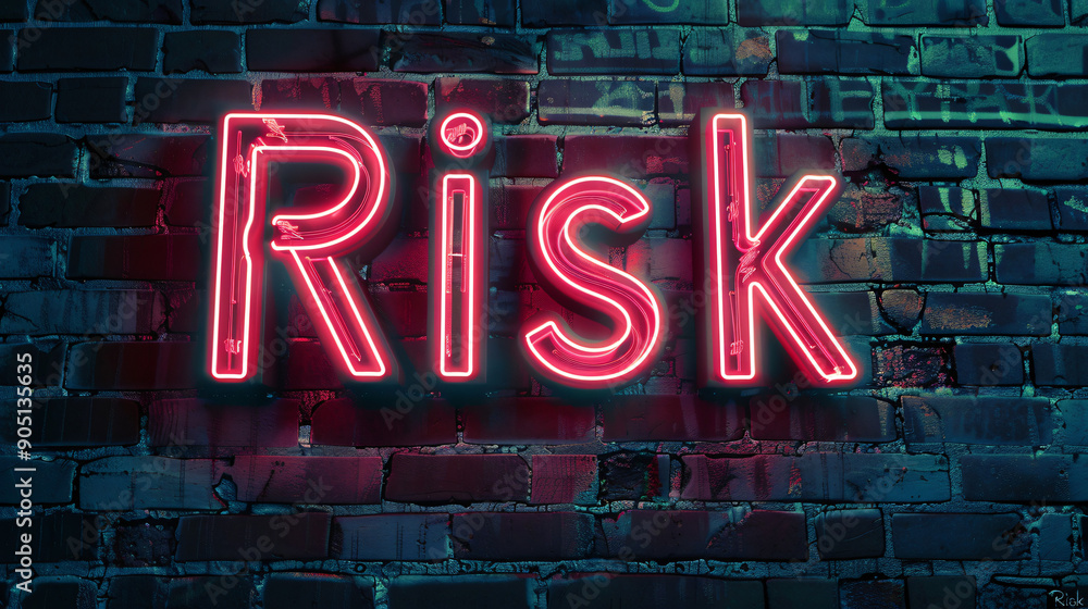 Pink neon sign spelling the word risk, on a grungy brick wall at night Pink neon sign spelling the word risk, on a grungy brick wall at night