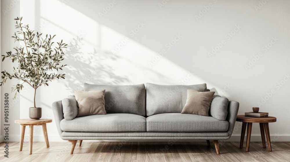 Obraz premium Grey sofa interior in living room and plants with sunlight