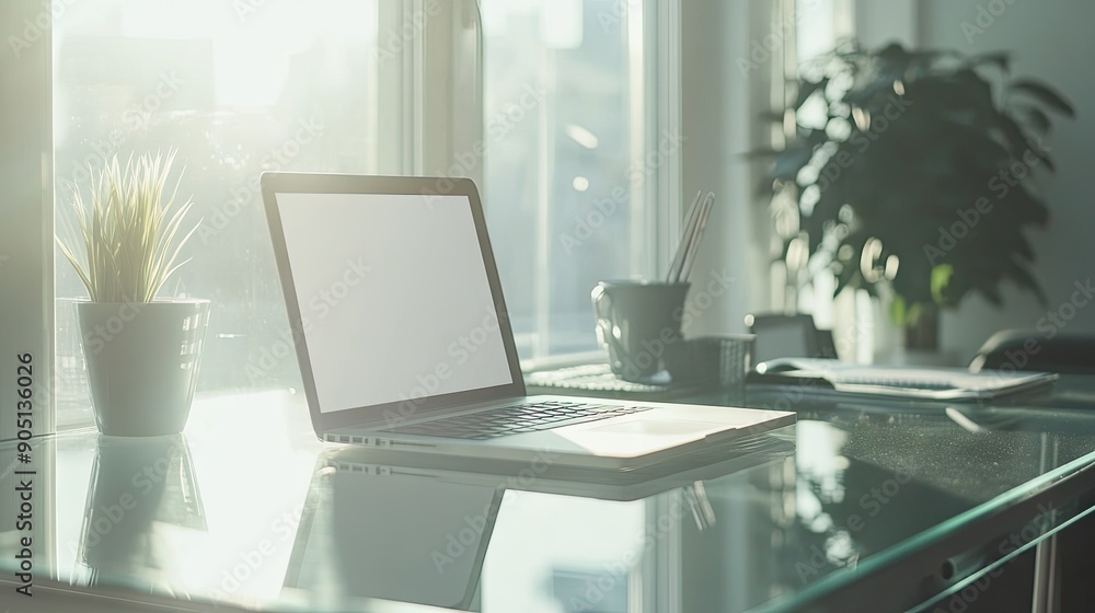 Highlighted by natural sunlight streaming through a window, a white blank mousepad is placed on a glass desk beside a laptop, showcasing a bright and modern workspace.