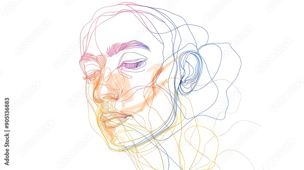 colorful pencil line drawing of a face on white background colorful pencil line drawing of a face on white background