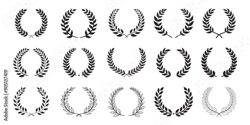 Laurel wreath. Set outline silhouette hand drawn laurel wreaths isolated Doodle floral frames.