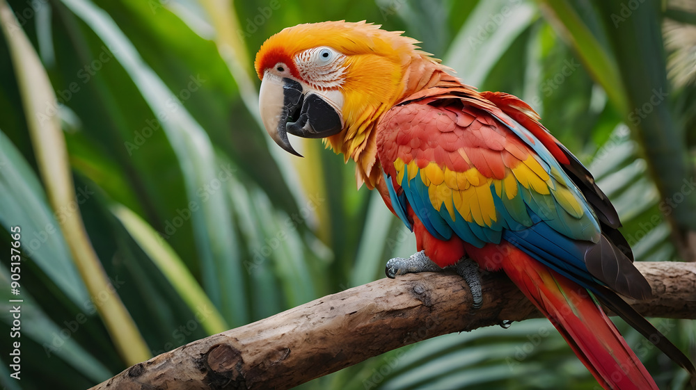 Obraz premium A colorful parrot is perched on a branch in a lush green forest
