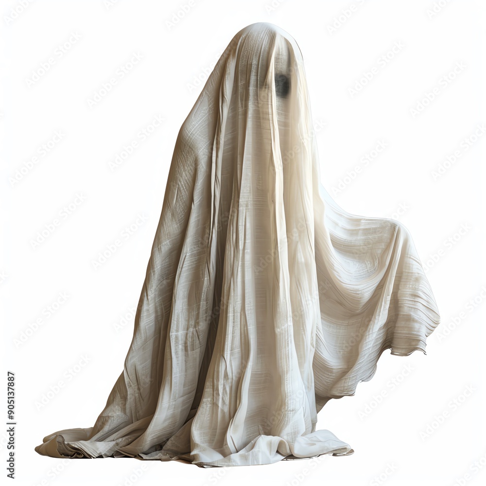 A ghostly figure shrouded in a white sheet, sitting on a chair. Isolated on white background. Perfect for Halloween or spooky themed projects. A ghostly figure shrouded in a white sheet, sitting on a chair. Isolated on white background. Perfect for Halloween or spooky themed projects.