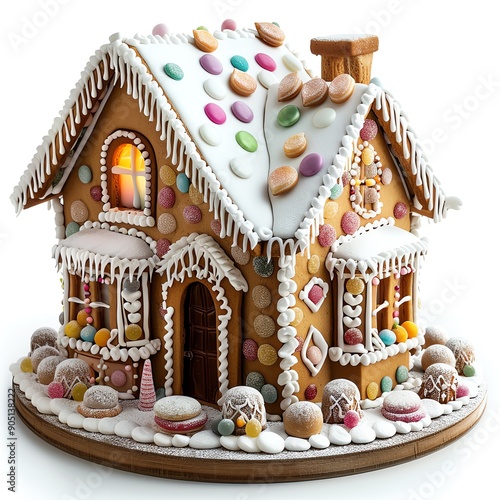 A gingerbread house decorated with colorful candies and frosting, isolated on a white background. photo