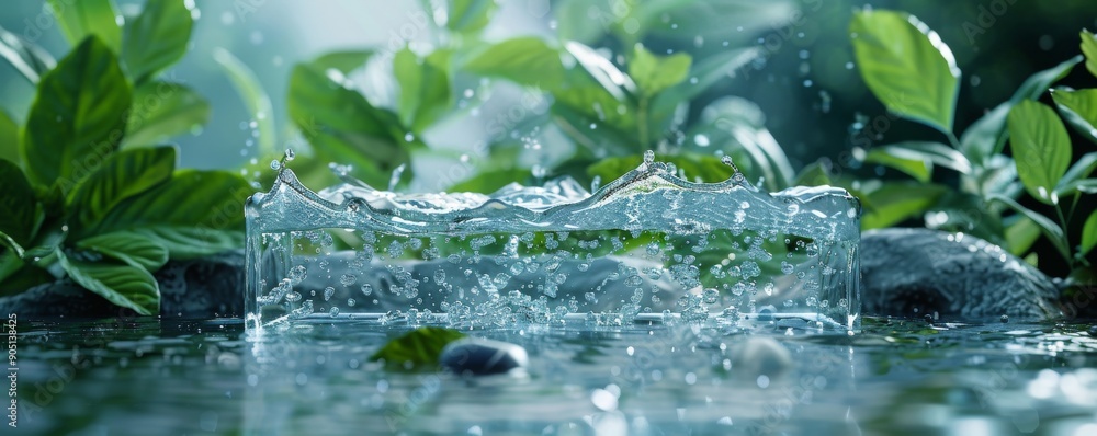 Crystal clear water splashes in a serene natural setting with lush green leaves Crystal clear water splashes in a serene natural setting with lush green leaves
