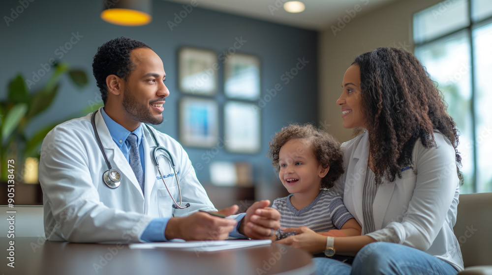 A telephoto angle photo of a healthcare worker discussing a treatment plan with parents and their child in a consultation room, with copy space A telephoto angle photo of a healthcare worker discussing a treatment plan with parents and their child in a consultation room, with copy space