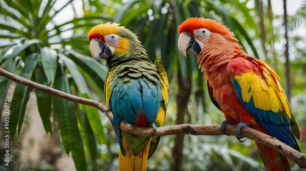 Obraz premium Two parrots are sitting on a branch, one is yellow and the other is red
