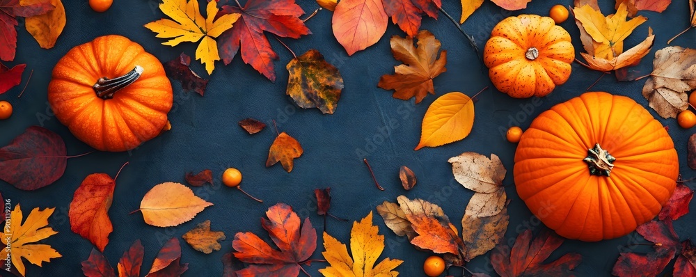 Top view of pumpkins and colorful autumn leaves on a dark background with copy space. Suitable for seasonal invitations, greeting cards, social media posts, and Thanksgiving banners. Top view of pumpkins and colorful autumn leaves on a dark background with copy space. Suitable for seasonal invitations, greeting cards, social media posts, and Thanksgiving banners.
