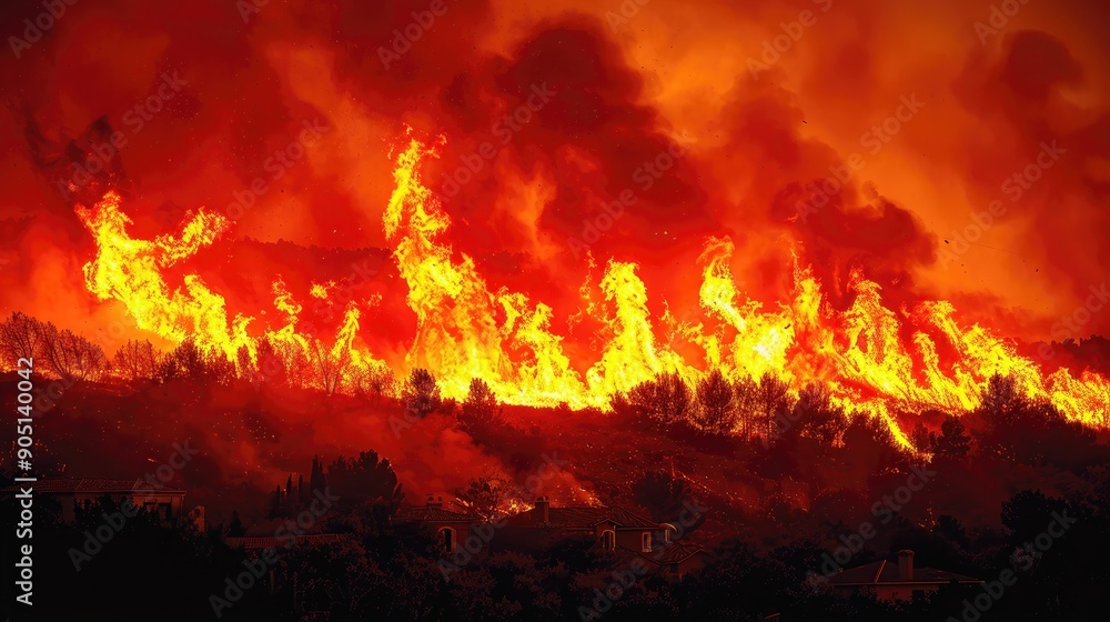 A fire is burning in the distance, with smoke and flames rising into the sky A fire is burning in the distance, with smoke and flames rising into the sky