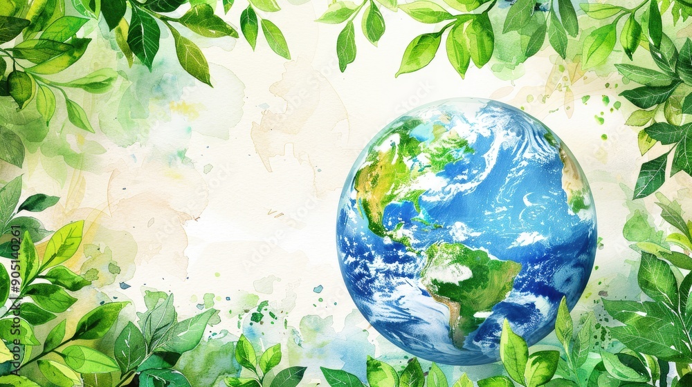A painting of a blue and green Earth with a leafy border A painting of a blue and green Earth with a leafy border