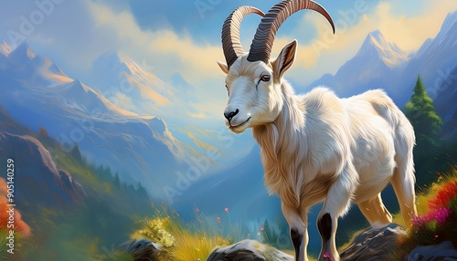 illustration of  Ibex in a mountain ecosystems photo