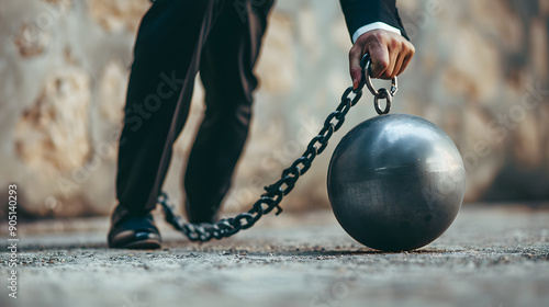 Businessman dragging a heavy ball and chain, symbolizing economic burden