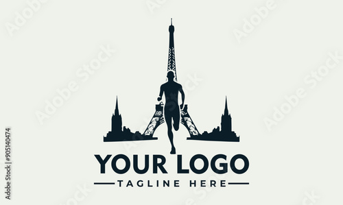 Runner leaps forward, Eiffel Tower background, city skyline Dynamic runner, Eiffel Tower backdrop, urban skyline. Perfect for showcasing athleticism in iconic city settings, travel or fitness concepts