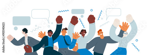 Collection of happy business employee males of different skin tones jumping in the air cheerfully on white background with graphic elements. Modern flat vector illustration. Social media concept.