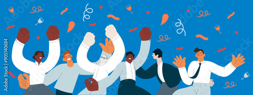Collection of happy business employee males jumping in the air cheerfully on colorful background with graphic elements. Modern flat vector illustration. Social media concept.