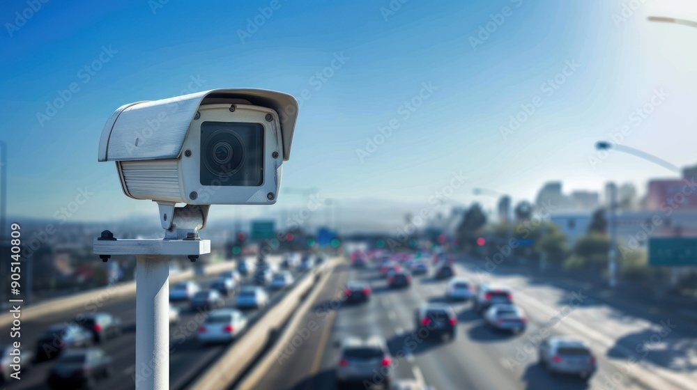 Eye catching traffic camera on the side of the road, capturing cars passing by, focusing on road safety and protection, traffic monitoring Eye catching traffic camera on the side of the road, capturing cars passing by, focusing on road safety and protection, traffic monitoring