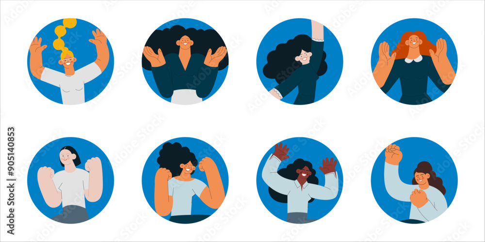 Collection of badges. Happy business employee females of different skin tones in circle shapes on colorful background. Modern flat vector illustration. Social media concept. Collection of badges. Happy business employee females of different skin tones in circle shapes on colorful background. Modern flat vector illustration. Social media concept.