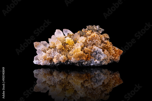 Pyrite, chalcopyrite, quartz specimen from Cavnic, Romania. photography isolated on black background. macro detail close-up mineral crystal unpolished semi-precious gemstone.


 photo