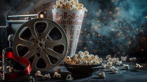 Cinema concept, popcorn, tikets photo