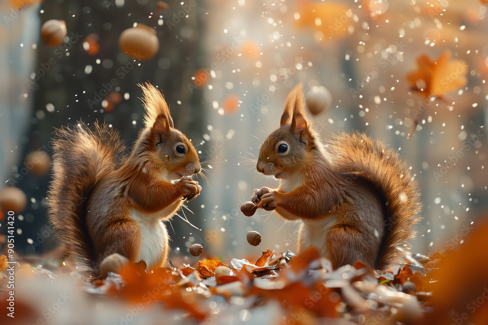 Squirrels gathering acorns in a forest Squirrels gathering acorns in a forest