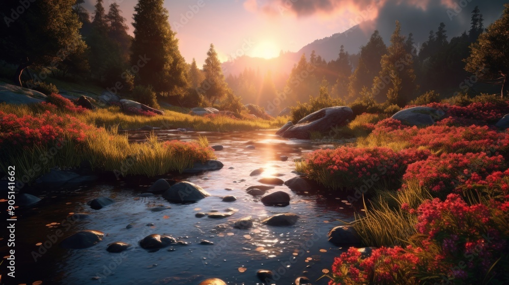 Serene Sunset Over a Mountain Stream Serene Sunset Over a Mountain Stream