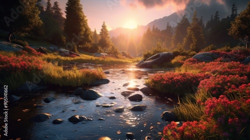 Serene Sunset Over a Mountain Stream