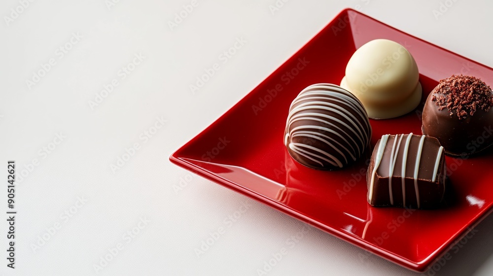 Obraz premium A square plate with chocolates. Presented on a red square plate with a copy space, four chocolates are displayed against a white background. Generative AI