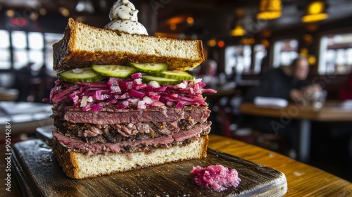 A massive sandwich with pastrami, pickles, and fresh cabbage, served on a wooden board in a bustling restaurant.