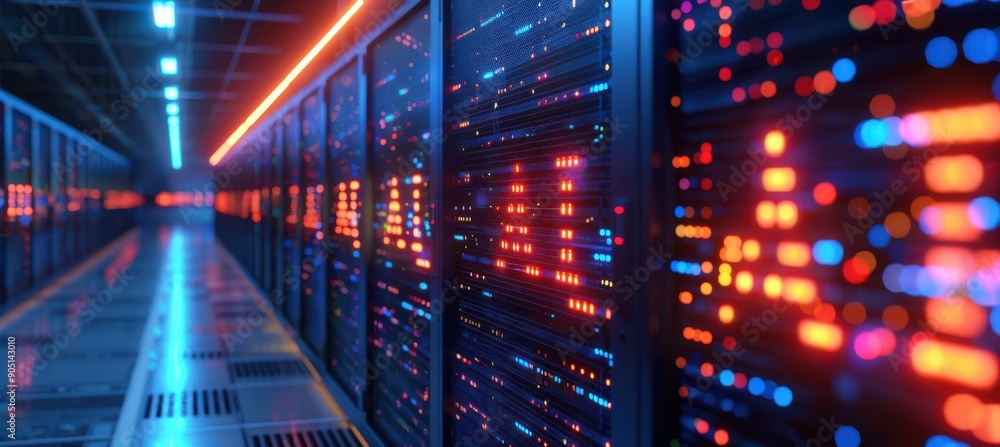 AI servers in data center on blurry dark background AI servers in data center on blurry dark background