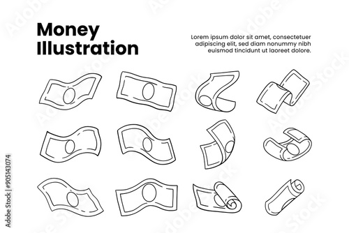 doodle money line art element design set for print and finance business. set of cash flow outline. raining dollar vector cartoon illustration. green falling money sign symbol flat design vector.