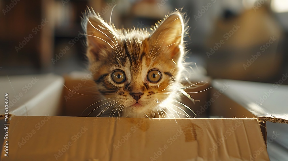 A delightful image of a kitten peeking out from a cardboard box, with its whiskers twitching in curiosity, set against a backdrop of a bright and airy living room. The midday sun casts a warm glow, A delightful image of a kitten peeking out from a cardboard box, with its whiskers twitching in curiosity, set against a backdrop of a bright and airy living room. The midday sun casts a warm glow,