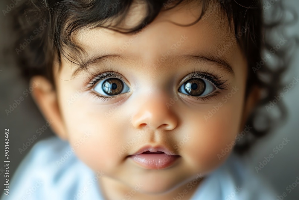 a portrait of a beautiful little baby with huge brown eyes and curly curls. Close-up a portrait of a beautiful little baby with huge brown eyes and curly curls. Close-up