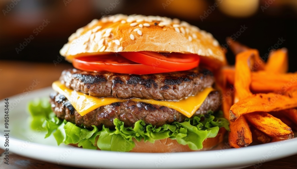 Hamburguesa doble con hamburguesas de res, queso y tomate, servida con batatas fritas. Hamburguesa doble con hamburguesas de res, queso y tomate, servida con batatas fritas.