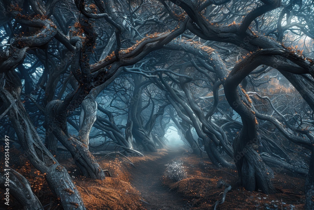 Twisted branches and a misty path through a dark forest Twisted branches and a misty path through a dark forest
