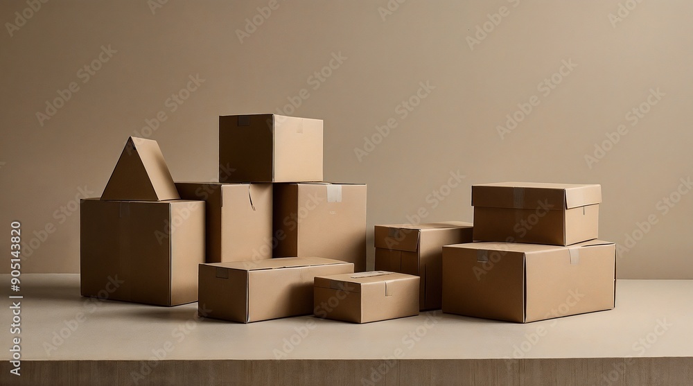 Various Assorted Cardboard Boxes Arranged Neatly on a Neutral Background Surface Various Assorted Cardboard Boxes Arranged Neatly on a Neutral Background Surface