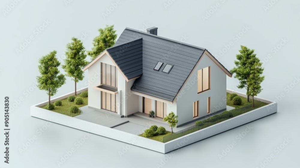 Modern house with a grey roof, windows, and a lawn, rendered in 3D. The house is set against a white background. Modern house with a grey roof, windows, and a lawn, rendered in 3D. The house is set against a white background.