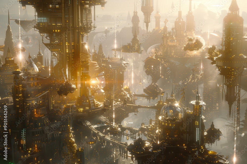 Fototapeta premium A Futuristic Cityscape with Towers and Flying Vehicles